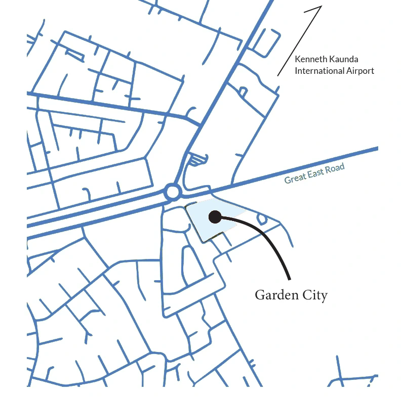 Location graphic showing Garden City on Great East Road near Airport Roundabout in Lusaka